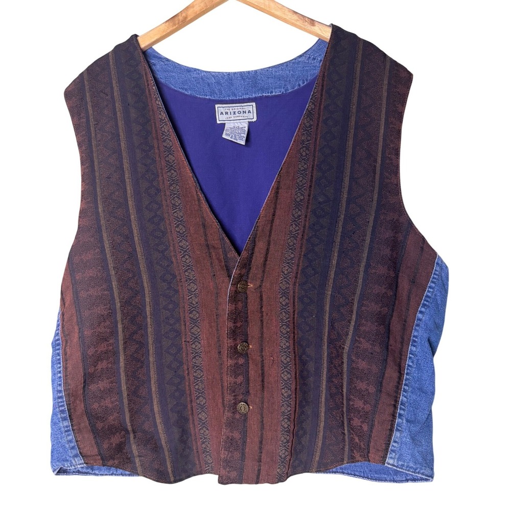 Arizona Jean Company Vintage Denim Tapestry Vest XL Blue Burgundy Geometric 90s